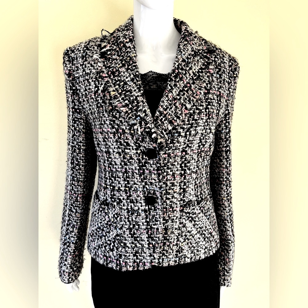 Black wool tweed blazer with fringes at collar trim line & outer pockets US 10